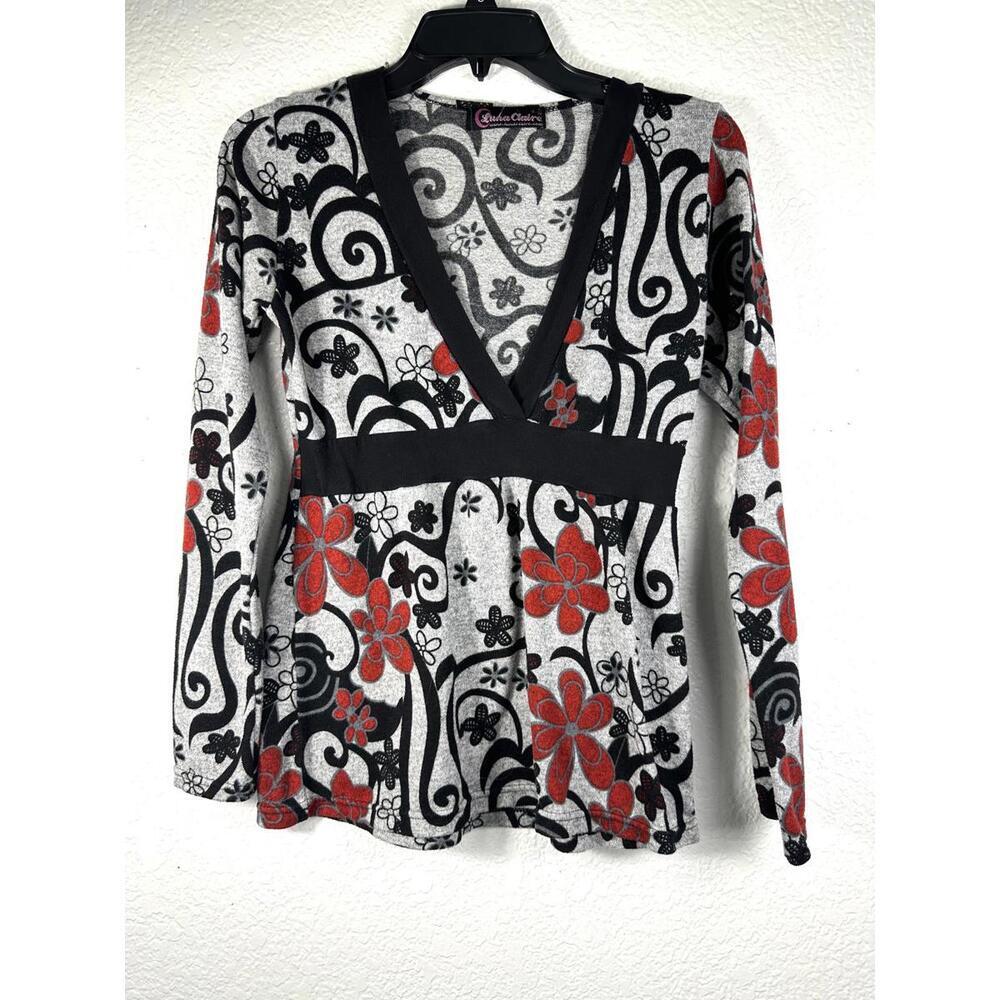 Luna Claire S Knit Top V-Neck Long Sleeve Floral Retro Y2K Boho Sweater Shirt